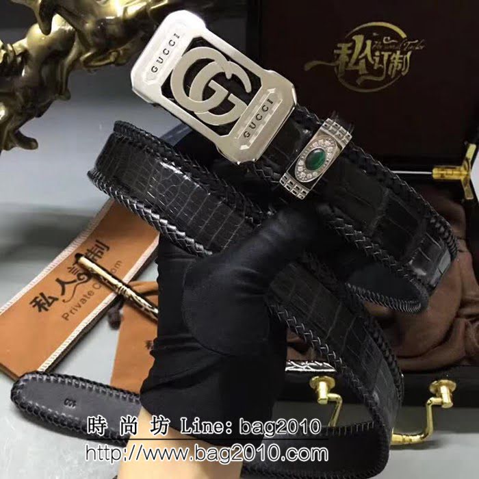古馳CUCCI 古馳 純手工美洲鱷魚肚皮無拼接 專櫃雙G鋼扣 高端男士皮帶 GHG1194